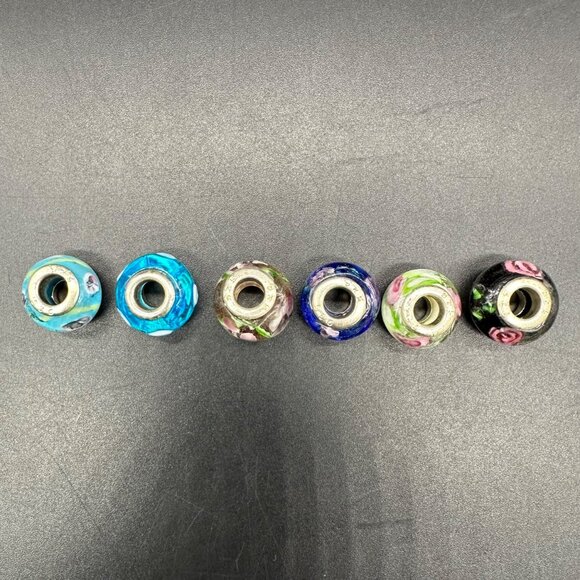 Glass Beads Sterling Silver 925 Colorful Charms For Bracelet Necklace Lot Of 6 - Picture 3 of 7